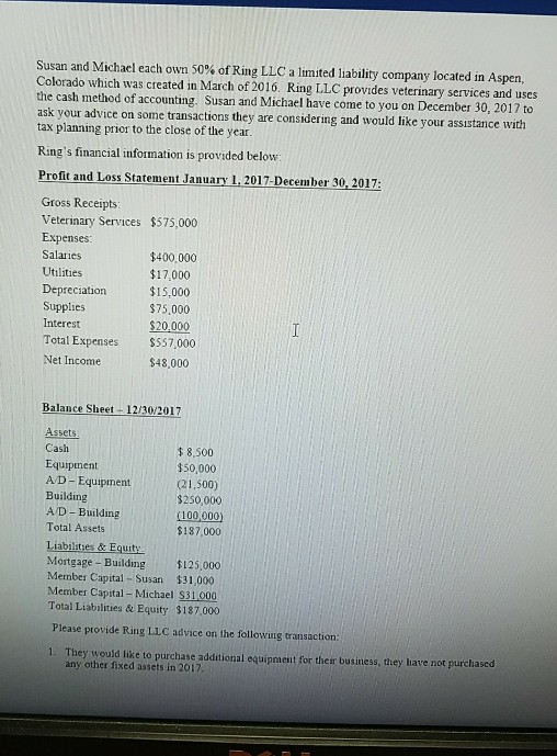 Solved Susan and Michael each own 50 of Ring LLC a limited