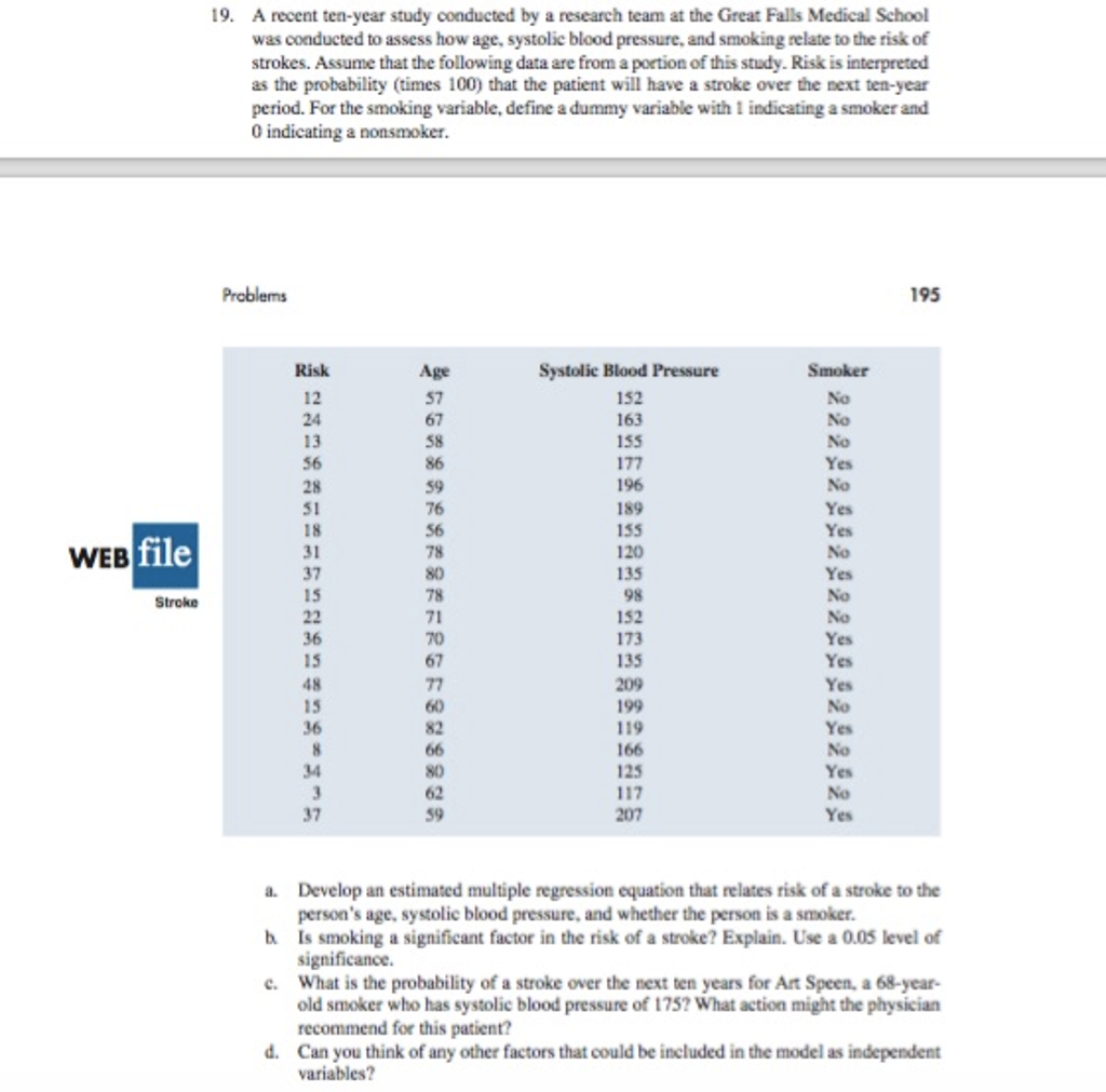 Solved Risk Age Blood Pressure Smoker 12 57 152 No 24 67
