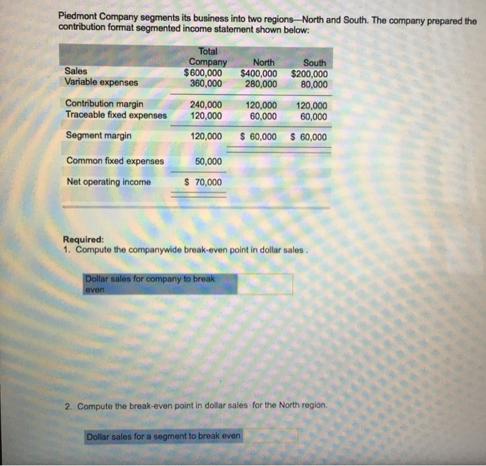 Solved Piedmont Company segments its business into two | Chegg.com