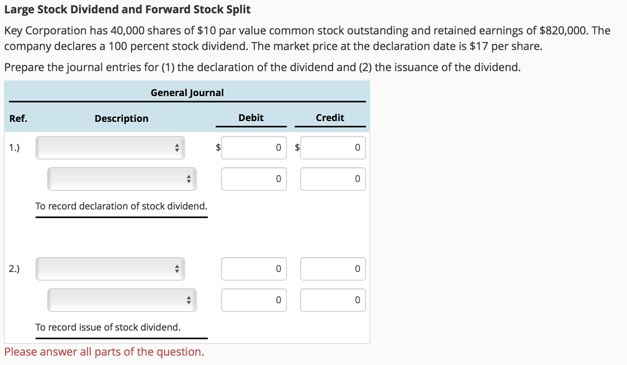 Solved Large Stock Dividend And Forward Stock Split Key | Chegg.com