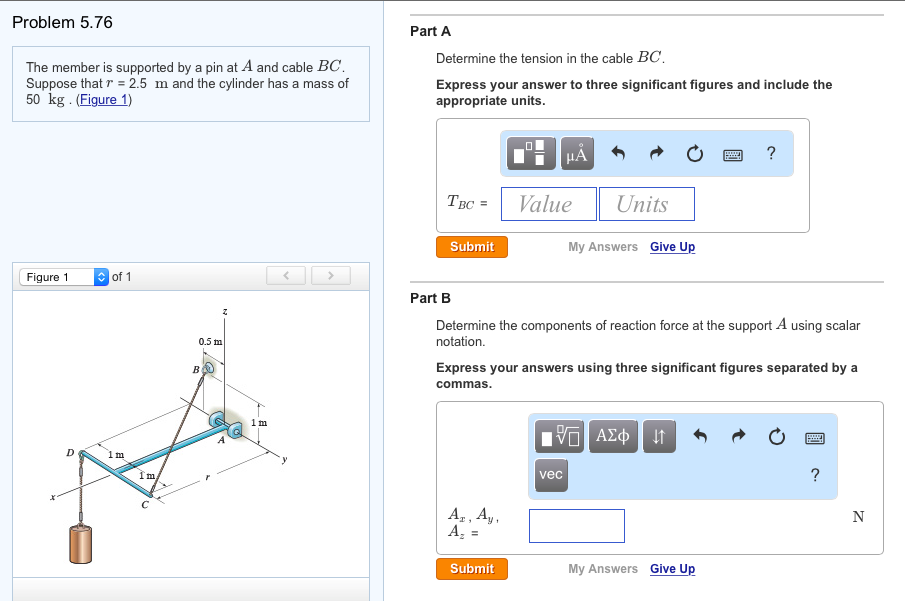 Solved The member is supported by a pin at A and cable BC. | Chegg.com