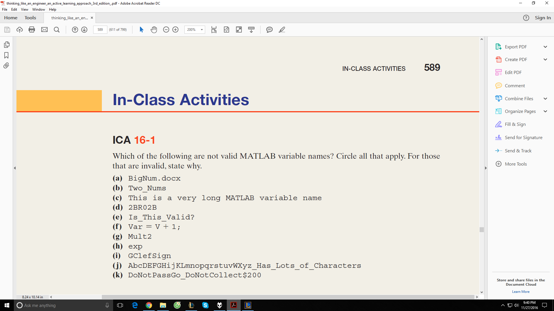 Solved Which Of The Following Are Not Valid MATLAB Variable | Chegg.com