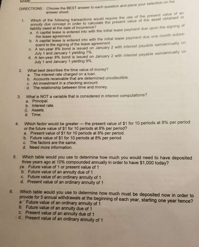 Solved Directions Choose The Best Answer To Each Question