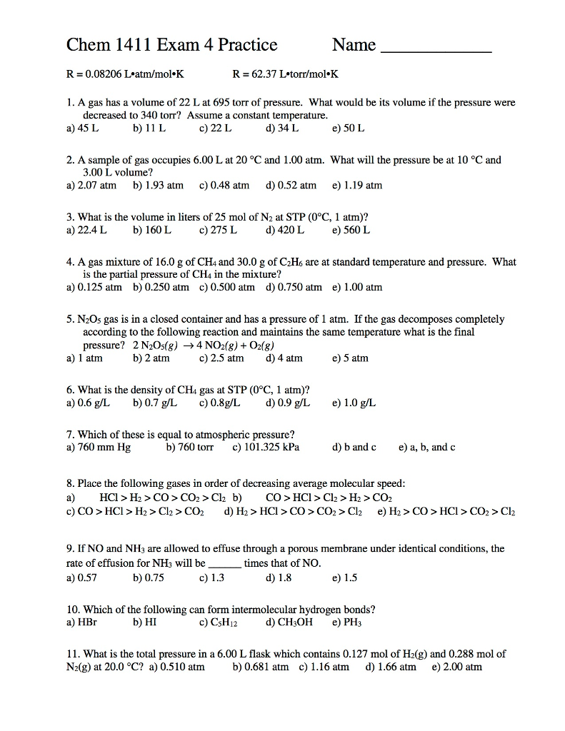 Solved: Name Chem 1411 Exam 4 Practice R = 0.08206 Latin/m... | Chegg.com