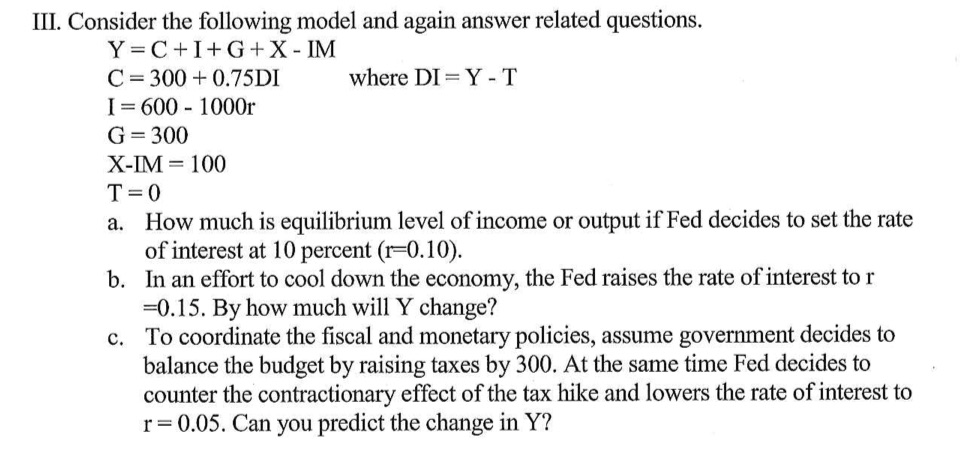 Solved III. Consider The Following Model And Again Answer | Chegg.com