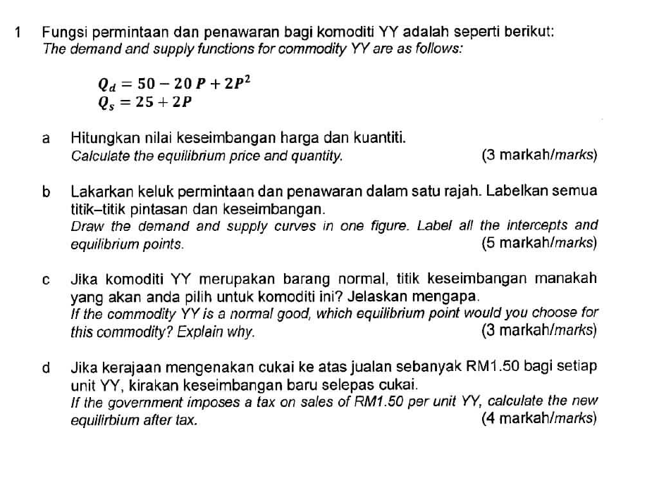 Solved Fungsi Permintaan Dan Penawaran Bagi Komoditi YY | Chegg.com