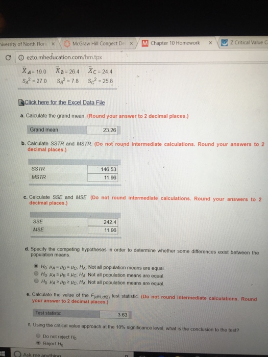Solved Calculate the grand mean. (Round your answer to 2