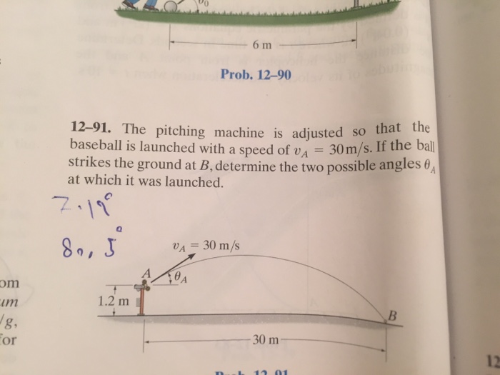 Solved 12-91. The pitching machine is adjusted so that the | Chegg.com