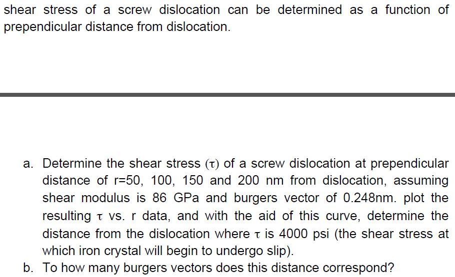 Shear stress of a screw dislocation can be determined | Chegg.com