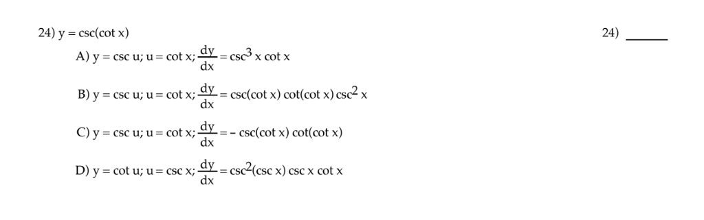 Solved Y Csc Cot X A Y Csc U U Cot X Dy Dx Chegg Solved Y Csc Cot X A Y Csc U U Cot X Dy Dx Chegg