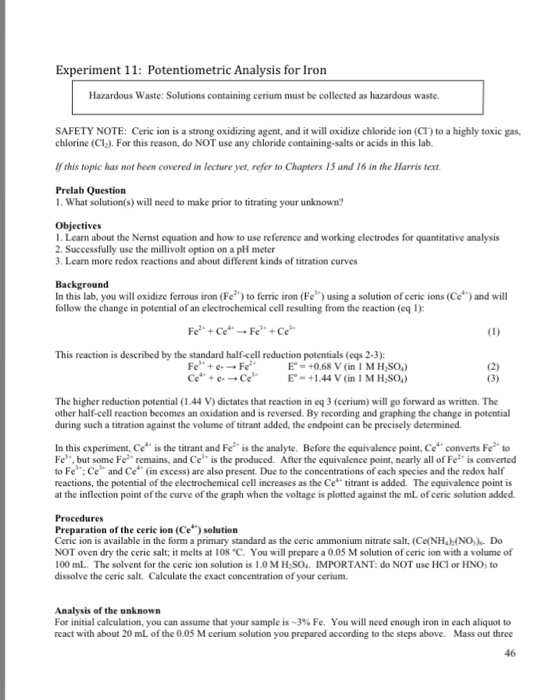 Solved Experiment 11 Potentiometric Analysis for Iron