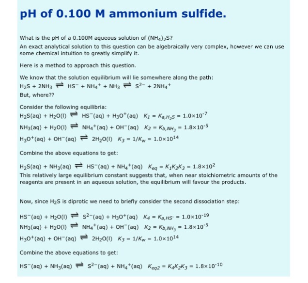 Solved pH of 0.100 M ammonium sulfide. What is the pH of a | Chegg.com