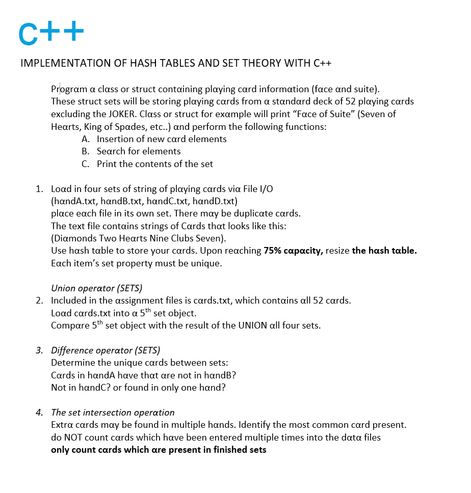 IMPLEMENTATION OF HASH TABLES AND SET THEORY WITH C++ | Chegg.com