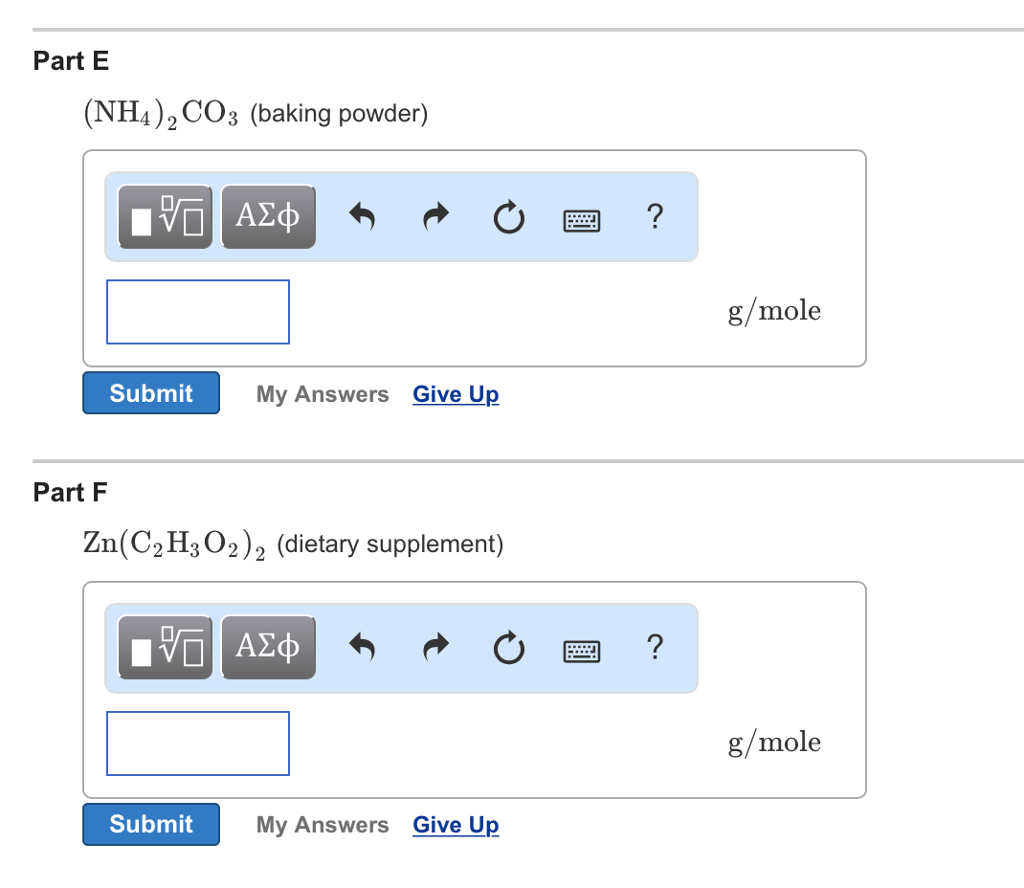 calculate the molar mass of different elements and compounds