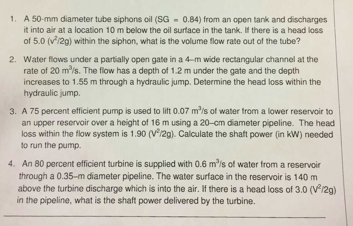 Solved A 50mm diameter tube siphons oil (SG = 0.84) from an