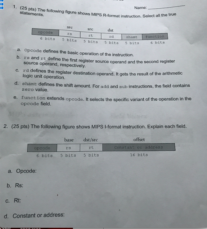 Solved 1 25 pts the following figure shows mips r format chegg