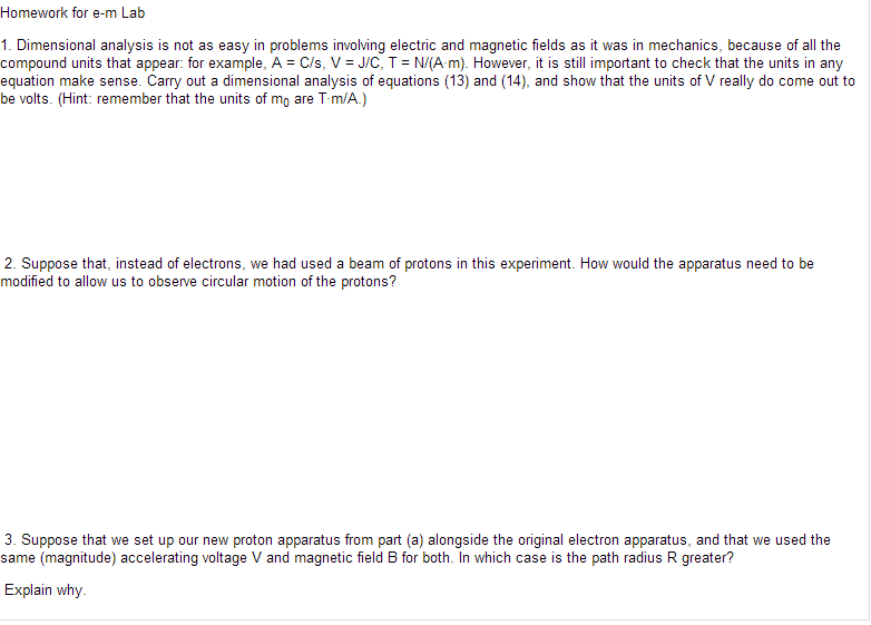 Homework for em Lab Dimensional analysis is not as