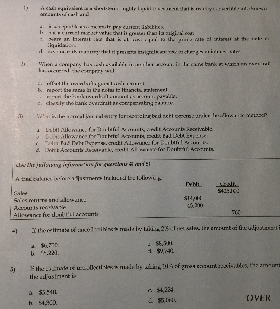 Solved A cash equivalent is a shortterm, highly liquid