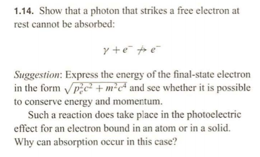 Solved 1.14. Show that a photon that strikes a free electron | Chegg.com