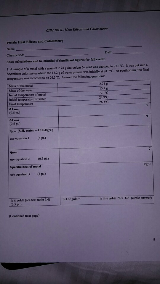 Solved CHM 2045L Heat Effects and Calorimetry Prelab Heat