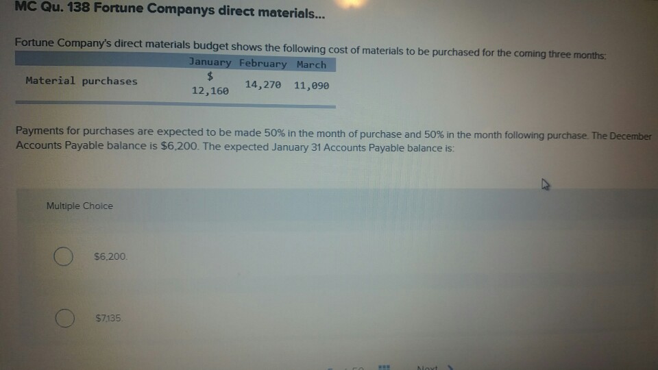 Solved MC Qu. 138 Fortune Companys direct materials...
