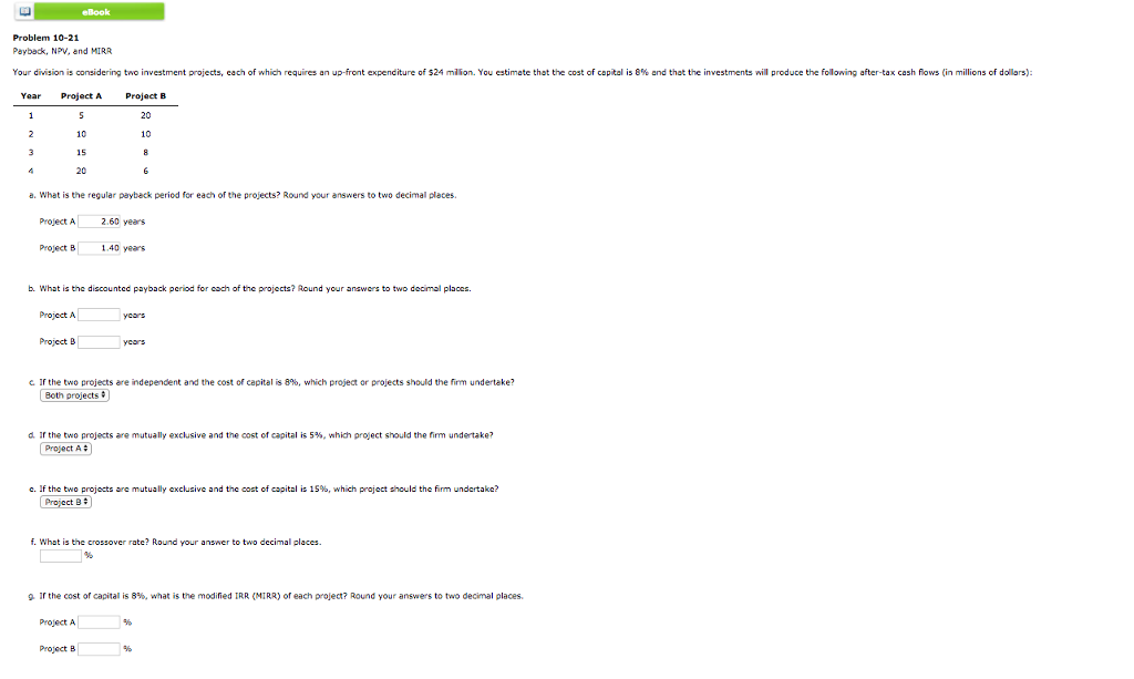 Solved eBook Problem 10-21 Payback, NPV, and MIRR Your dr | Chegg.com