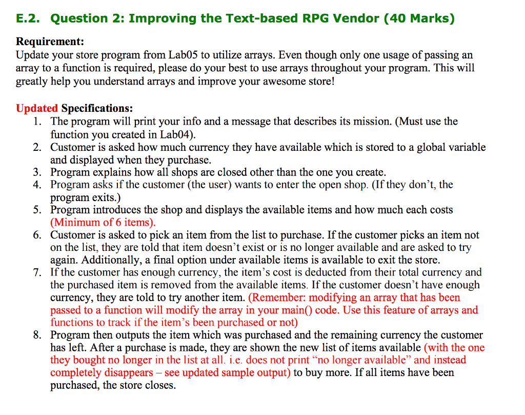 Solved E.2. Question 2: Improving the Text-based RPG Vendor | Chegg.com