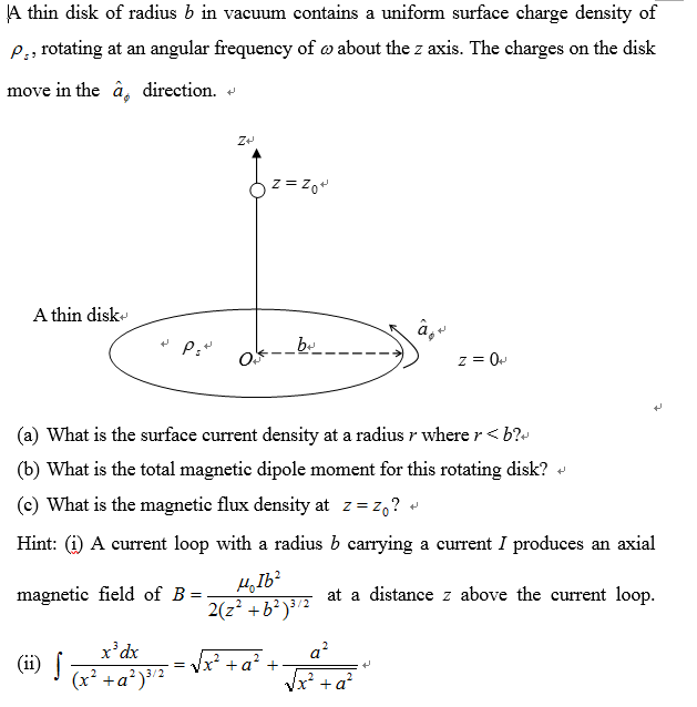 Solved A Thin Disk Of Radius B In Vacuum Contains A Uniform | Chegg.com