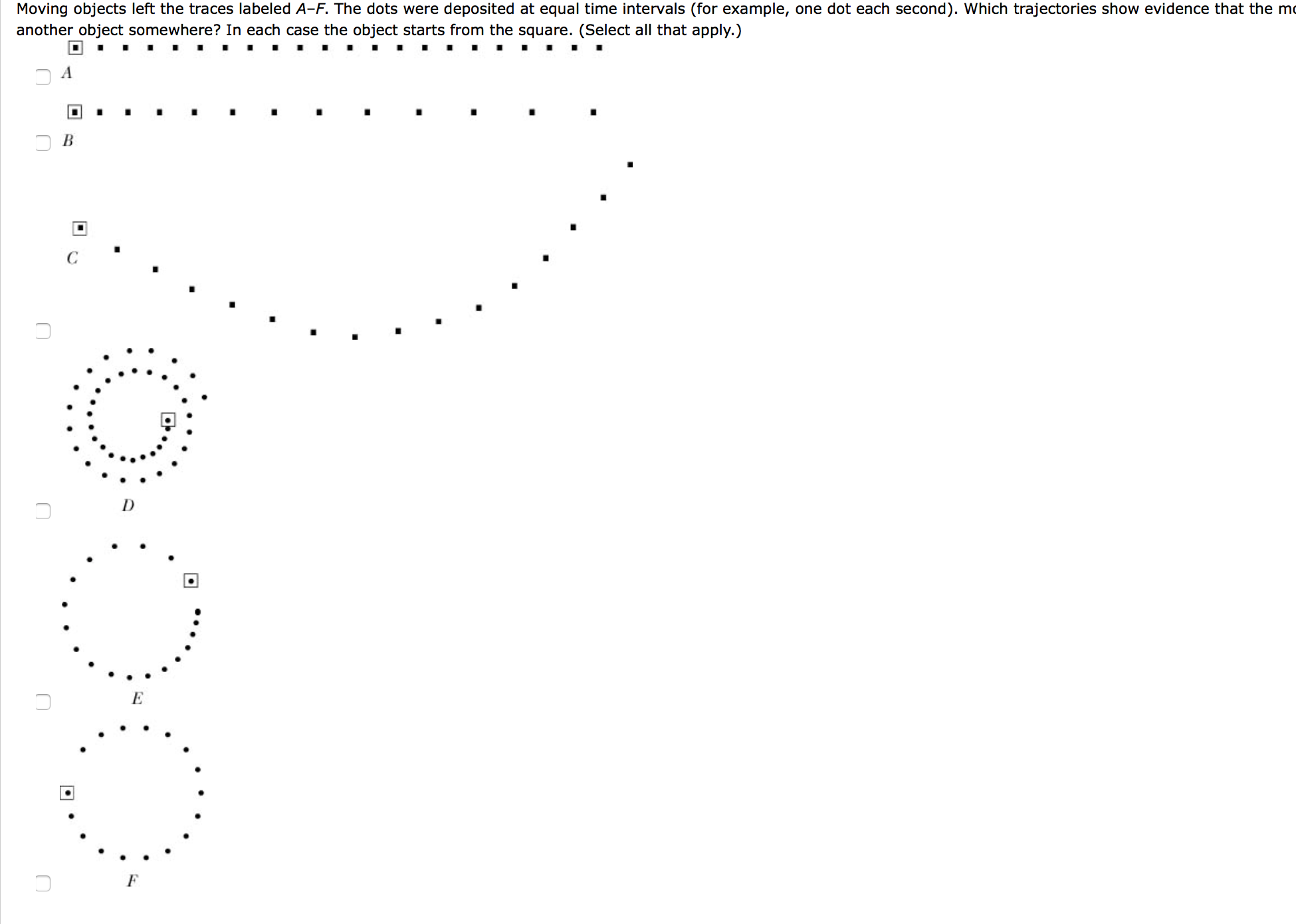 Solved Moving objects left the traces labeled A-F. The dots | Chegg.com