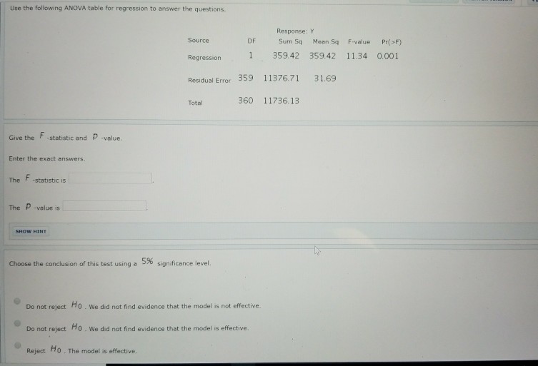 Solved Use the following ANOVA table for regression to | Chegg.com