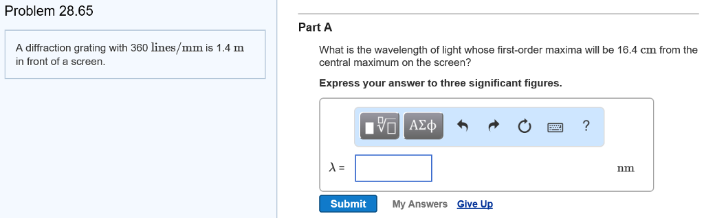 Solved Problem 28.65 Part A A diffraction grating with 360 | Chegg.com