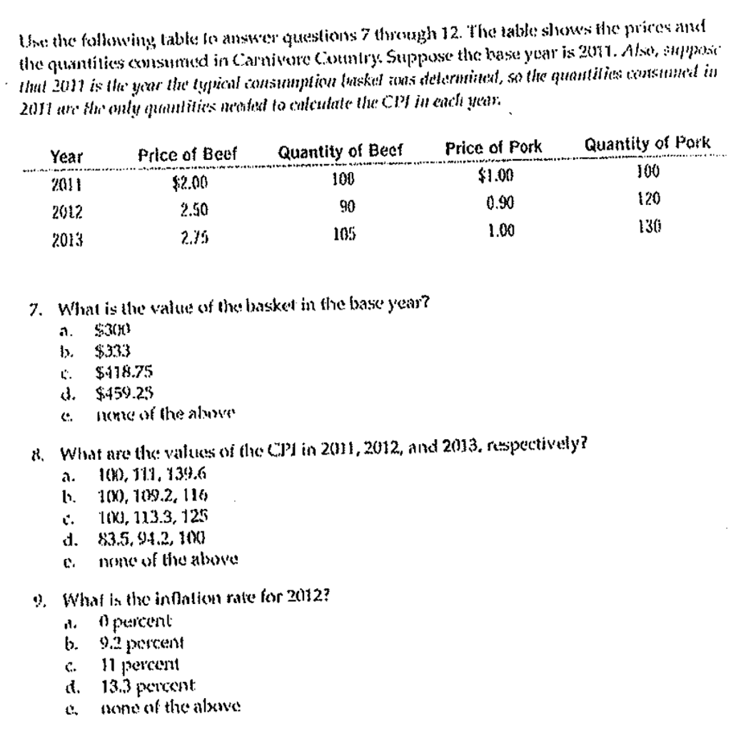 Solved Use the following table to answer questions 7 through | Chegg.com