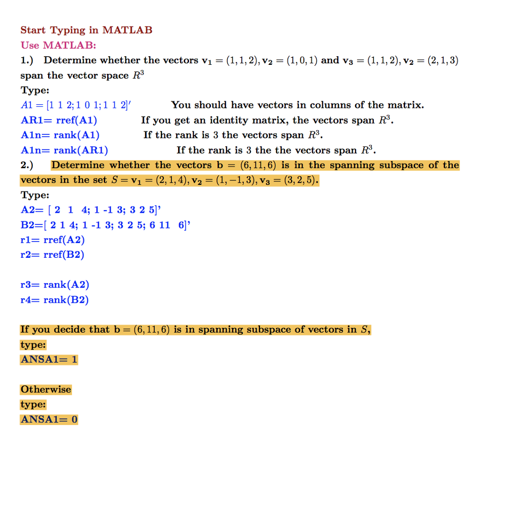 Solved Start Typing in MATLAB Use MATLAB: 1.) Determine | Chegg.com