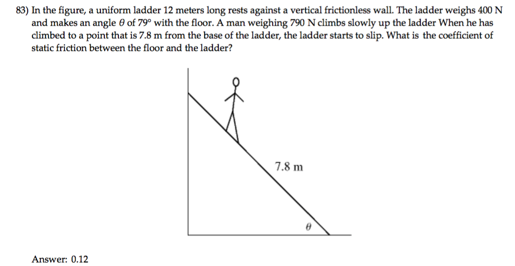 Solved In the figure, a uniform ladder 12 meters long rests