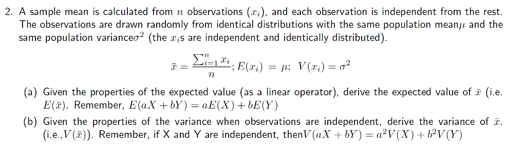 Solved 2. A sample mean is calculated from n observations | Chegg.com