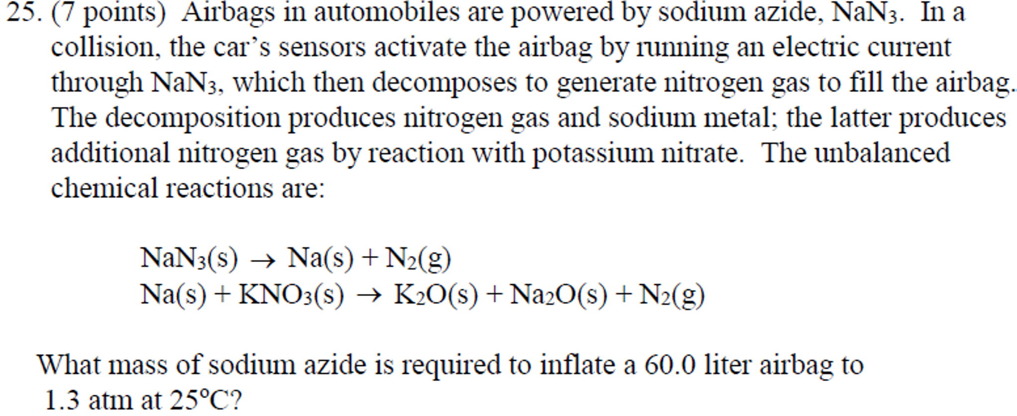 What mass of sodium azide is required to inflate a