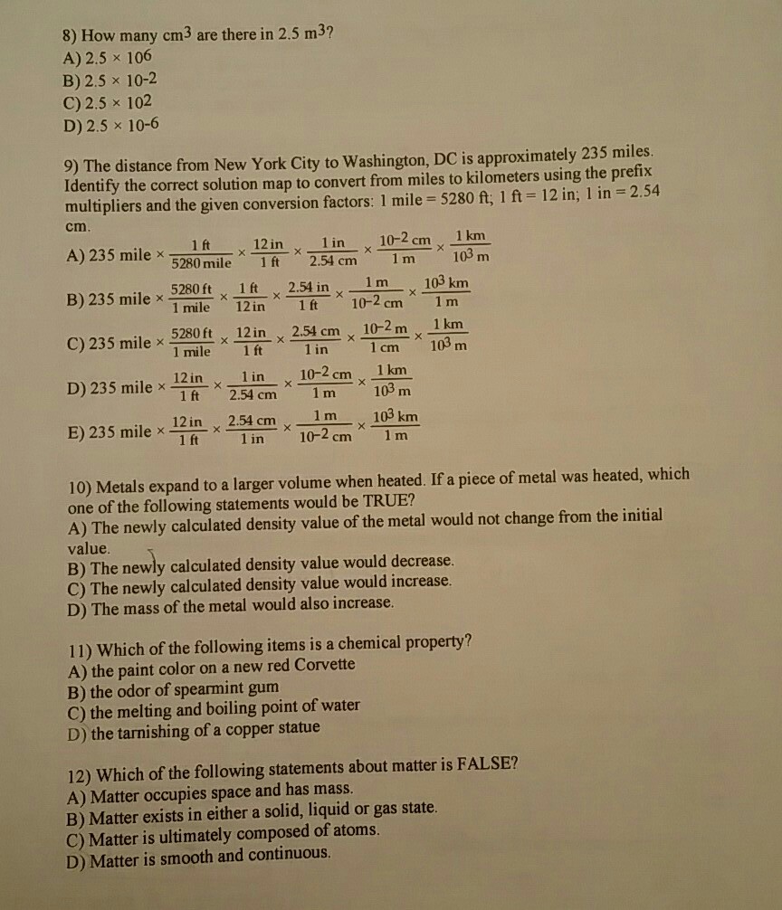 Solved 8 How Many Cm3 Are There In 2 5 M3 A 2 5 X 106 B Chegg