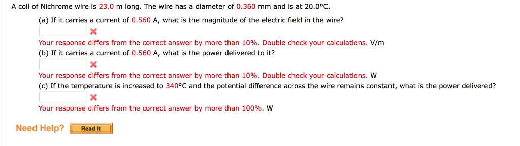 Solved A coil of Nichrome wire is 23.0 m long. The wire has | Chegg.com