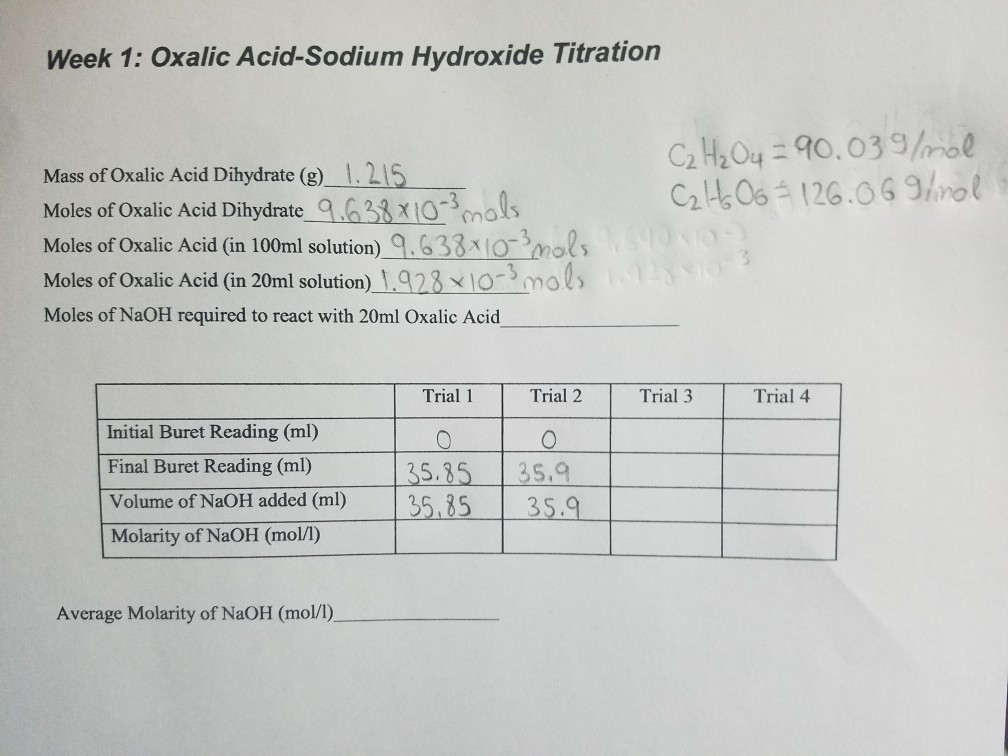 Solved Week 1 Oxalic AcidSodium Hydroxide Titration Mass