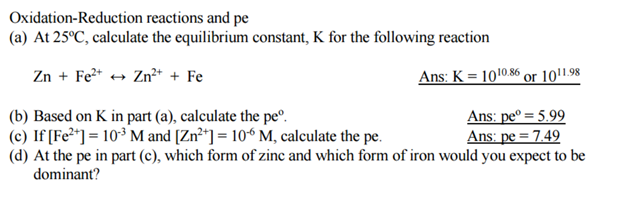 Solved Oxidation-Reduction reactions and pe (a) At 25 | Chegg.com