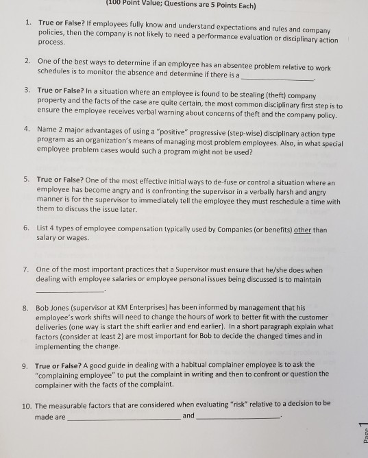 Solved 100 Point Value Questions Are 5 Points Each True Or Chegg
