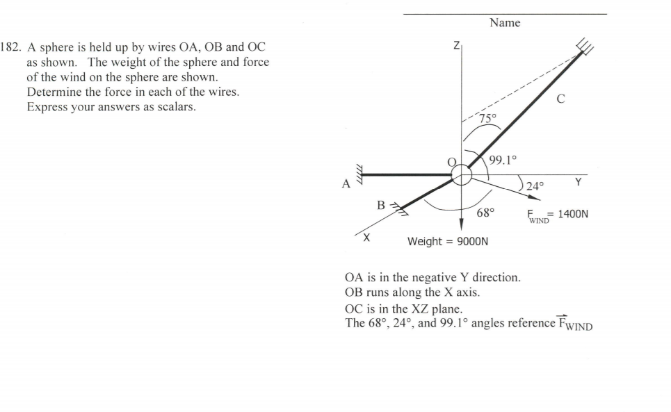 Solved Name 182. A sphere is held up by wires OA, OB and OC