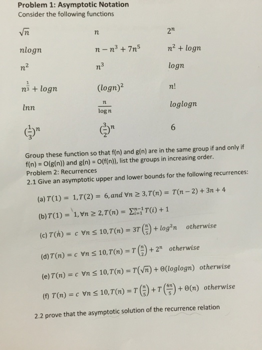 Solved Problem 1: Asymptotic Notation Consider The Following | Chegg.com