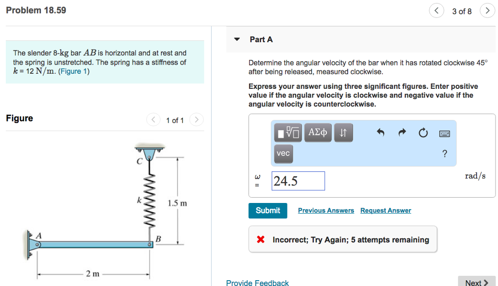 Solved Problem 18.59 3 of 8 Part A The slender 8-kg bar AB | Chegg.com