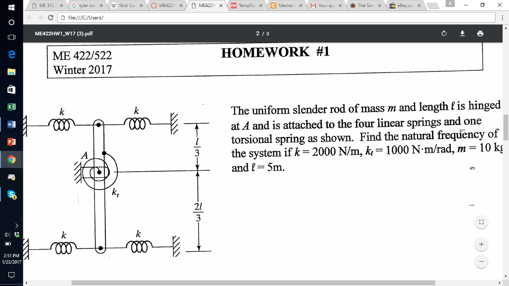 Solved The Uniform Slender Rod Of Mass M And Length L Is | Chegg.com