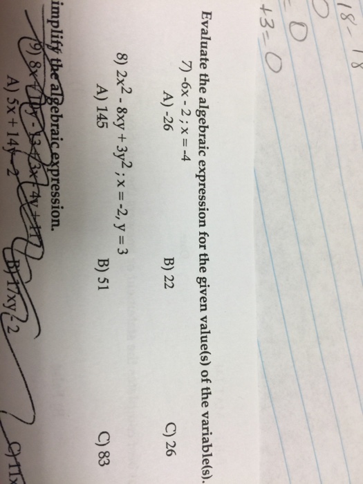 Solved Evaluate the algebraic expression for the given | Chegg.com