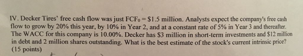 Solved IV. Decker Tires' free cash flow was just FCFo $1.5 | Chegg.com