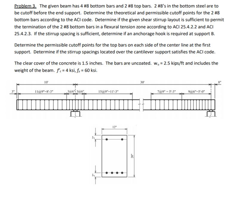 Solved Problem 3. The given beam has 4 #8 bottom bars and 2 | Chegg.com