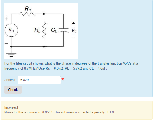 Solved For the filter circuit shown, what is the phase in | Chegg.com