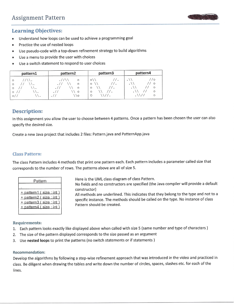 Solved What is the code in Java? Create Pattern.java and | Chegg.com